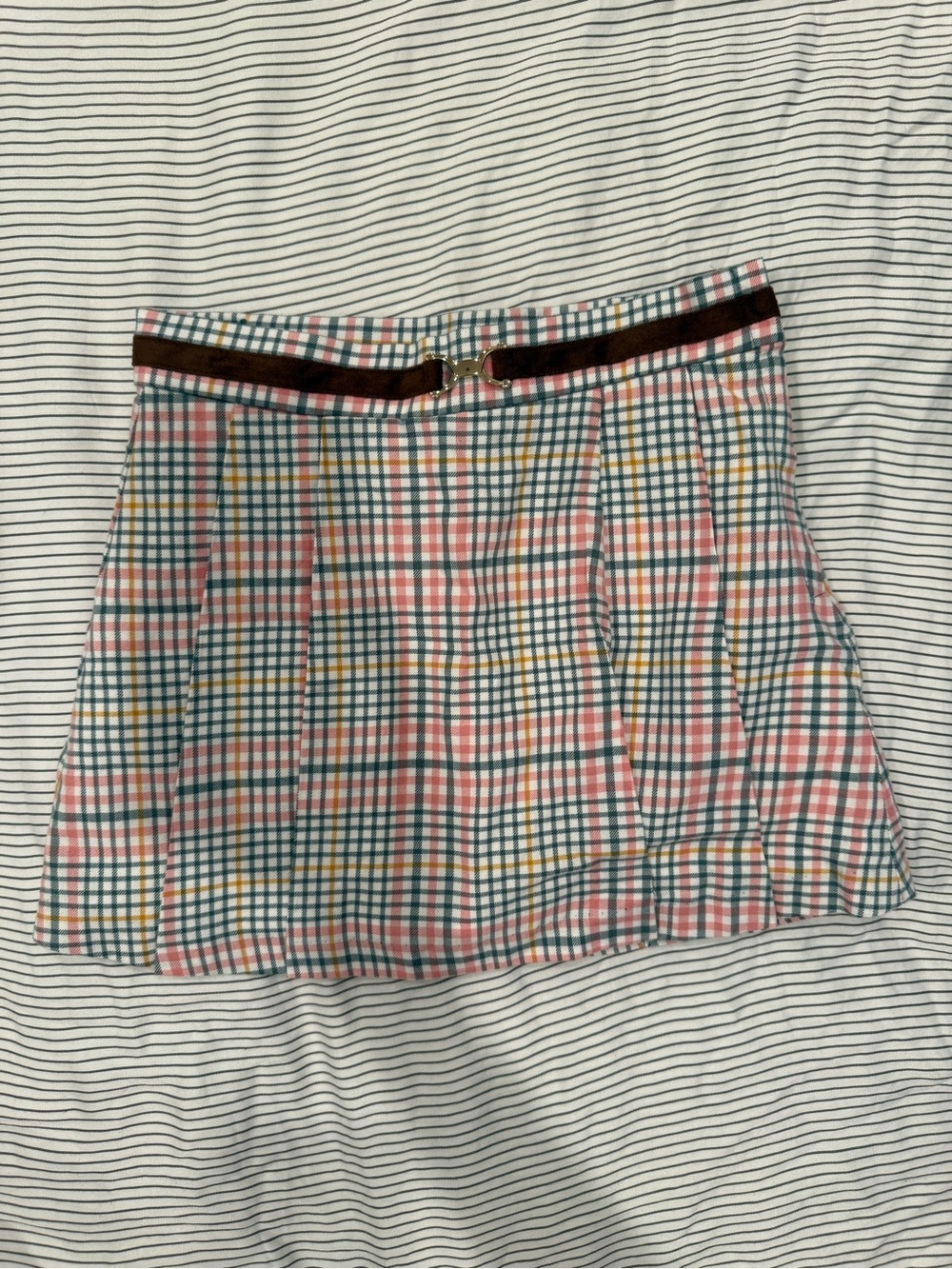 Plaid A-Line Mini Skirt with Brown Belt - Pink, Teal & Yellow